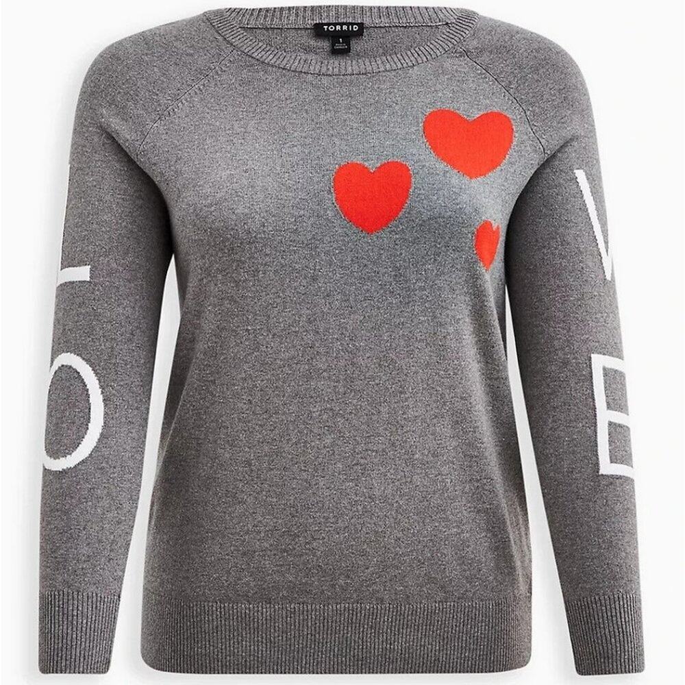 NWT TORRID Grey Red Hearts & "LOVE" Graphic Knit Pullover Sweater